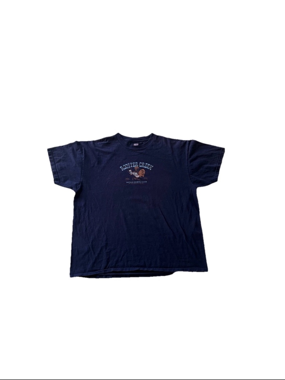 Vintage Fossil Rooster Creek Bottled Drinking Water Blue Graphic T Shirt Size XL